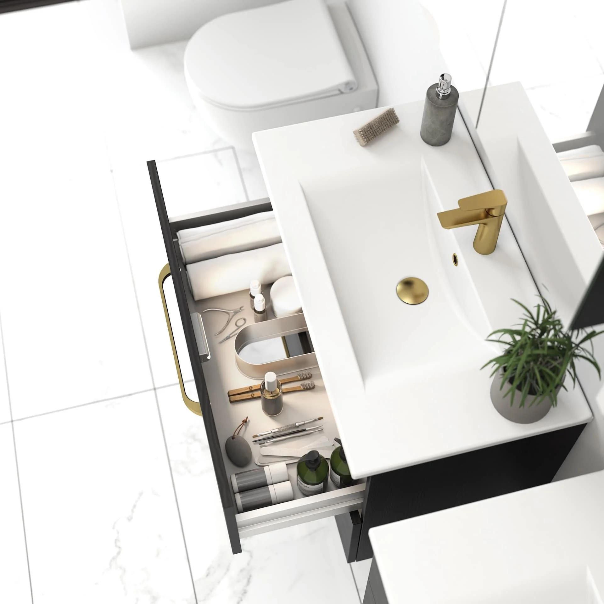 Open bathroom drawer with grooming supplies, toiletries, and a sink with a gold tap, situated in a modern bathroom with white tiles and a potted plant nearby.