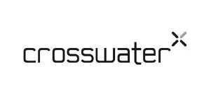 Logo of Crosswater with stylized text and an abstract red dot.