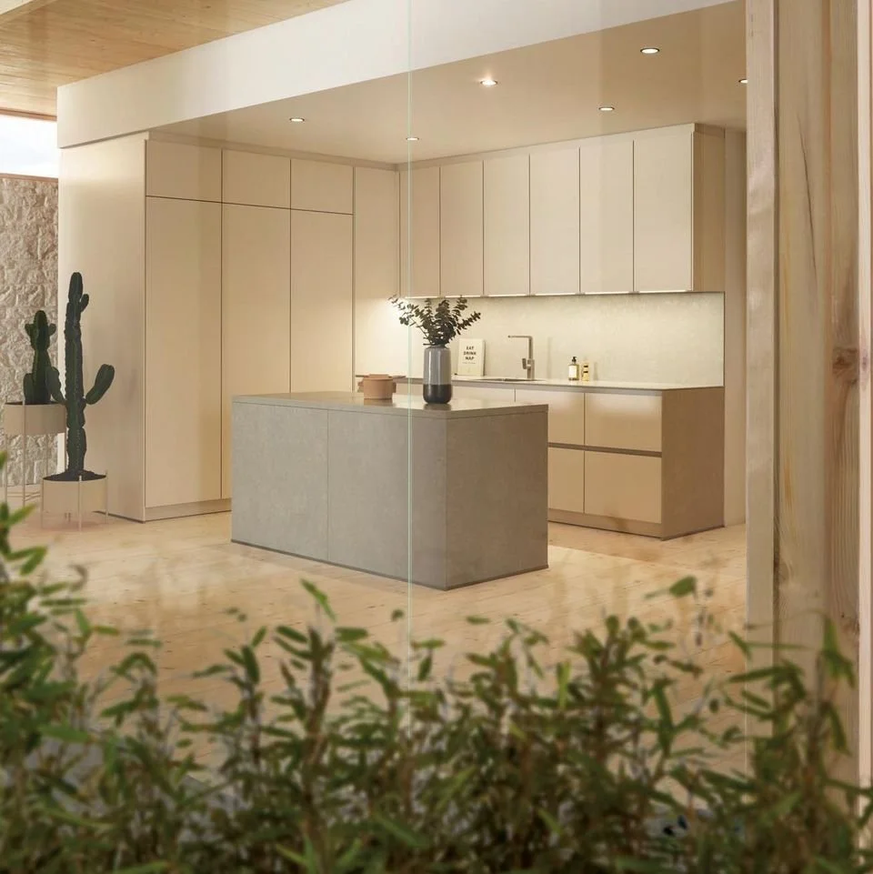 handleless neutral kitchen with kitchen island