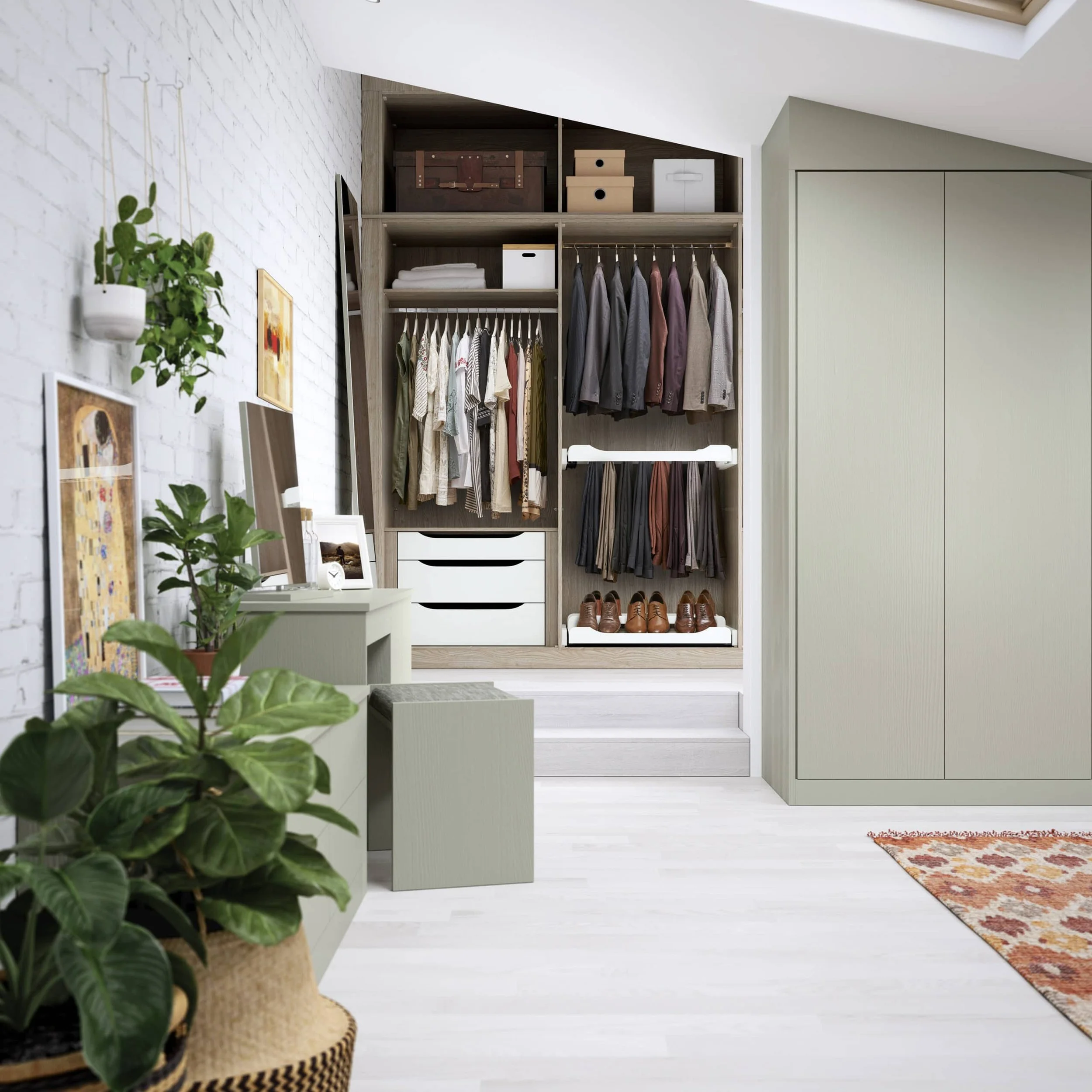 A neatly organised walk-in closet with hanging clothes, shoes on a shoe rack, and storage boxes, adjacent to a small dresser with mirrors and decorative plants.