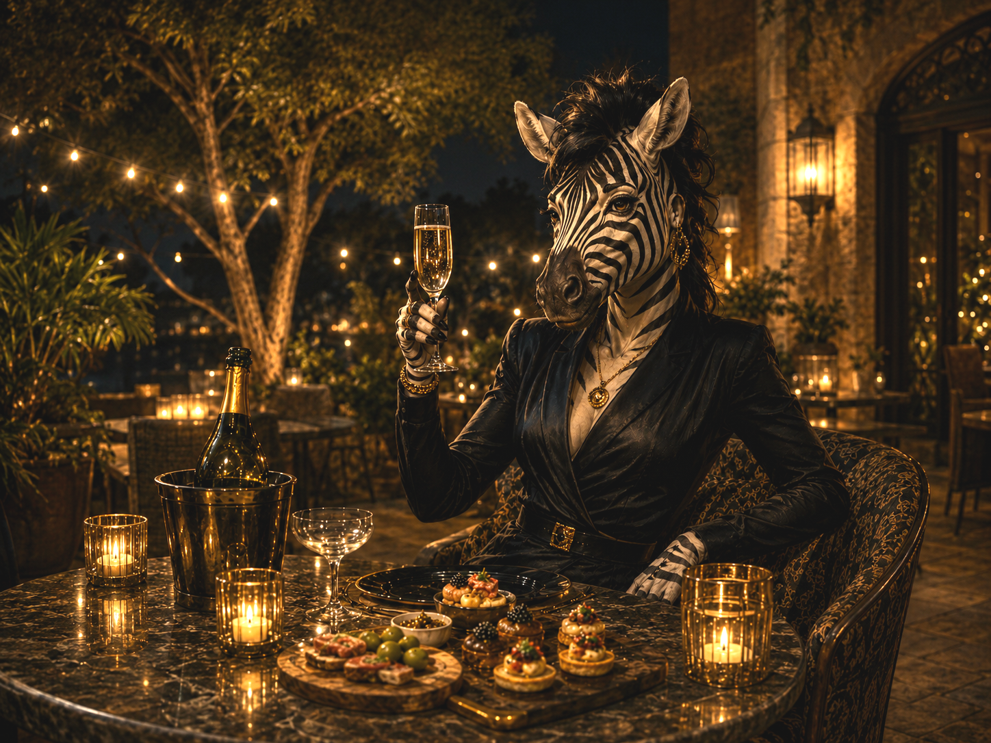 Una persona con cabeza de cebra vestida con ropa negra elegante, con accesorios dorados, sostiene una copa de champán en una cena al aire libre por la noche, decorada con velas y platos de comida. En el fondo, hay luces y árboles en un ambiente sofisticado.
