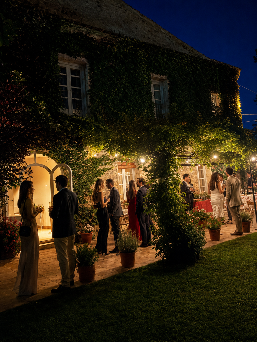 Grupo de personas en una fiesta al aire libre por la noche, rodeada de plantas y luces decorativas, en un patio de una casa antigua con paredes cubiertas de hiedra.