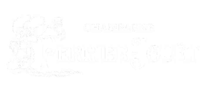 Logotipo decorativo de Perrier-Jouët con caricatura de un oso con burbujas y la palabra Champagne.