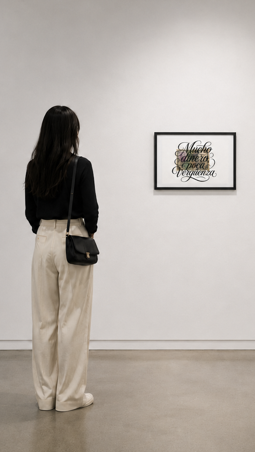 Una mujer observa una obra de arte titulada "Mucho dinero, poca vergüenza" en una galería con paredes blancas.