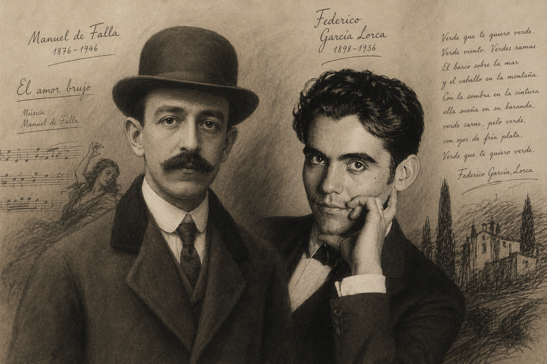 Retrato en lápiz de Manuel de Falla y Federico García Lorca con texto y dibujos de fondo