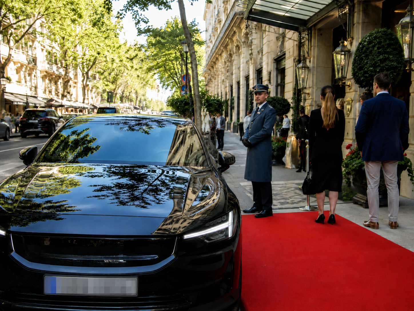 Un coche negro estacionado en la calle en frente de un edificio, con una fila de personas vestidas formalmente y un vigilante en uniforme con guantes en la acera, frente a una entrada decorada con plantas y una alfombra roja.