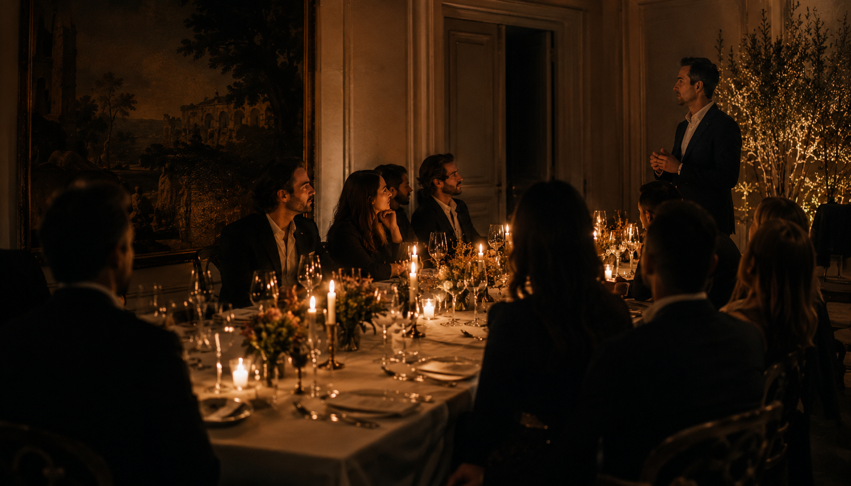 Personas en una cena elegante escuchando a un orador en una habitación decorada con velas y luces cálidas.