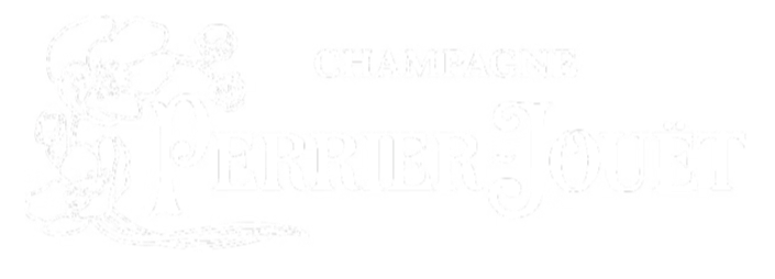 Logotipo en color negro y blanco que dice 'Champagne Perrier-Jouët' con un diseño artístico de flores y burbujas.