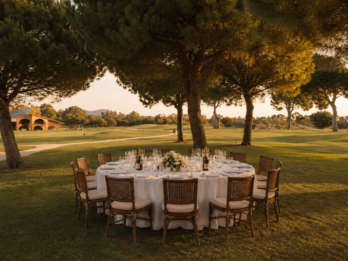 Mesa redonda con mantel blanco, vino y copas, en un entorno de campo con árboles y césped, en atardecer