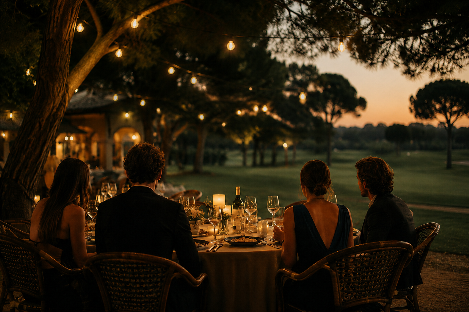 Cena elegante al aire libre durante el atardecer, con personas en una mesa con comida y vino, decorada con velas y guirnaldas de luces, rodeada de árboles y un paisaje natural.