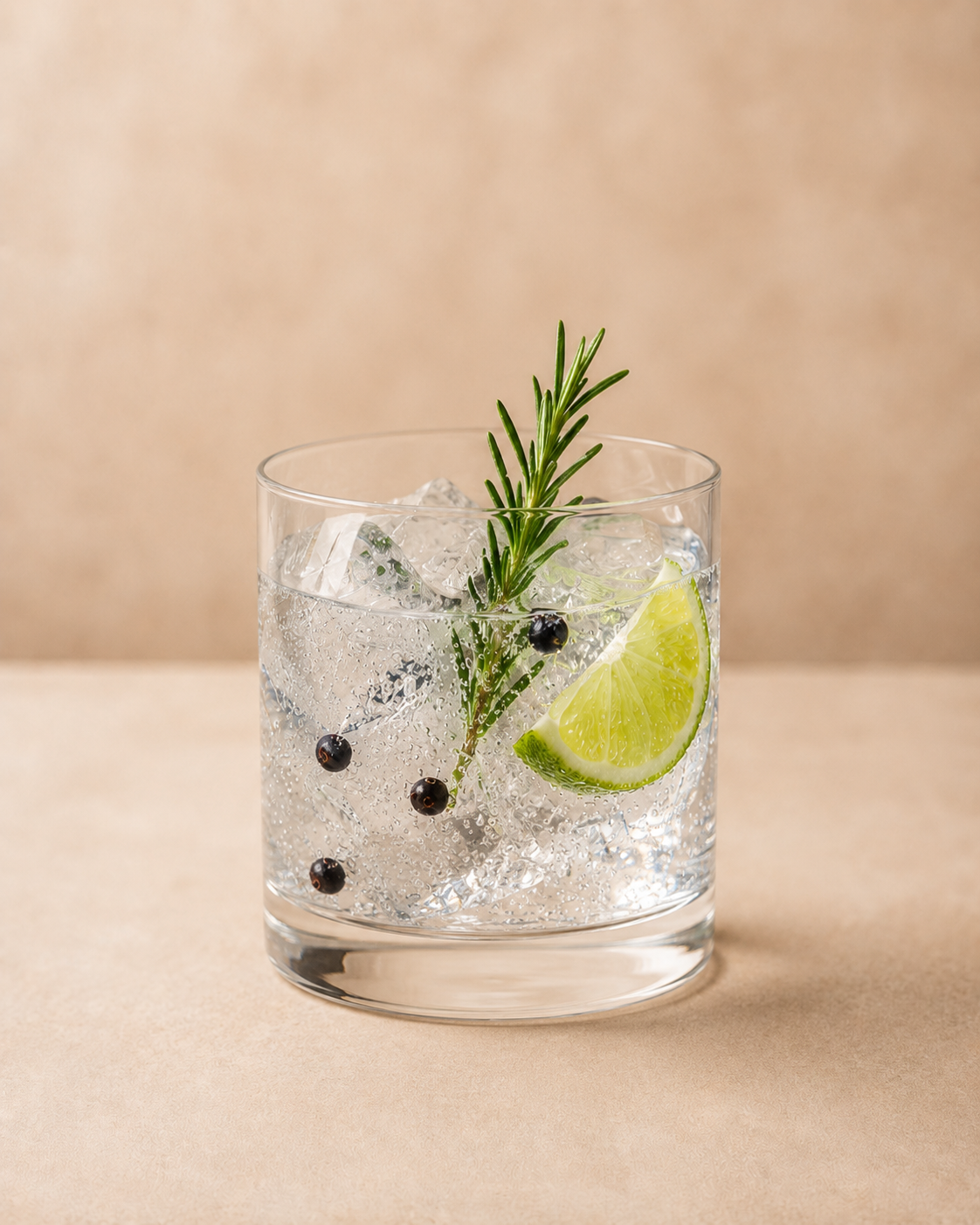Vaso con hielo, rodaja de limón, ramita de romero y bayas negras en refresco transparente con burbujas.