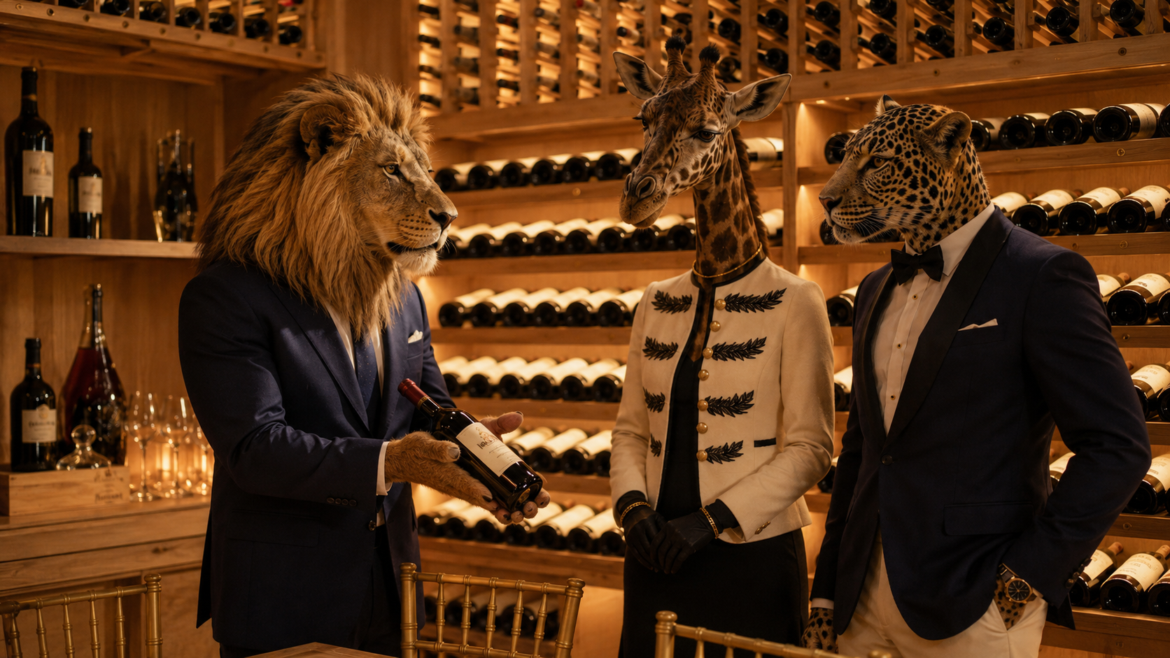 Tres animales con aspecto humano en un bistró de vinos. Un león con traje sosteniendo una botella, una jirafa con chaqueta blanca y una jaguar de esmoquin, en un entorno elegante de madera y botellas de vino.