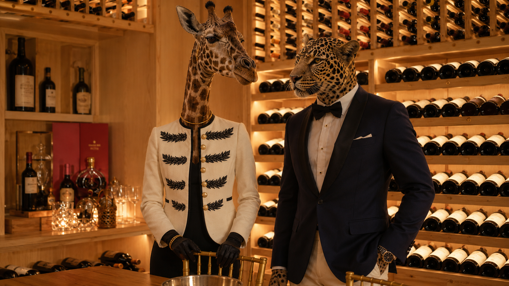 Hombre y mujer con cuerpo de jaguar y jirafa vestidos con ropa elegante, en una bodega de vinos de madera.