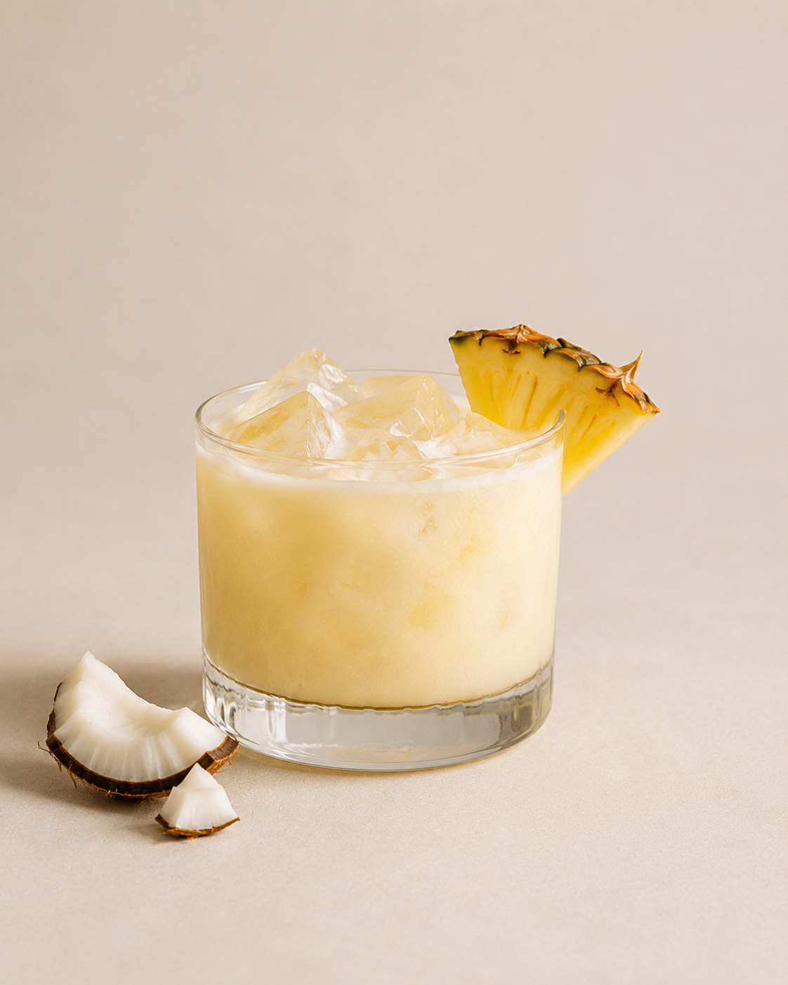 Vaso con cóctel de piña con hielo y una rodaja de piña como decoración, acompañada de una fruta de coco cortada en trozos pequeños a un lado.