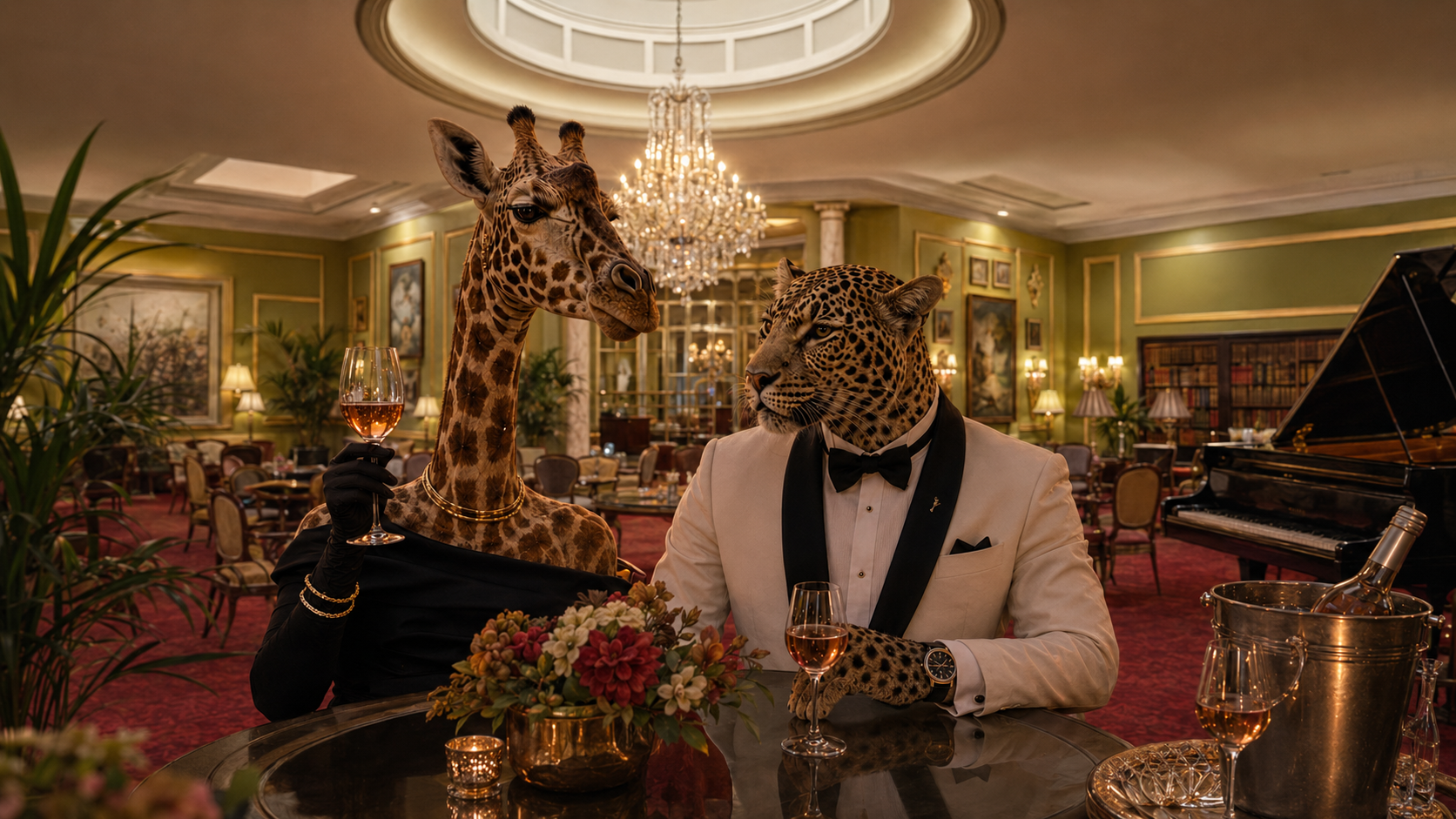 Jirafa y jaguar con rostro humano vestidos con esmoquin en una sala elegante, brindando con vino rosado en una fiesta lujosa.