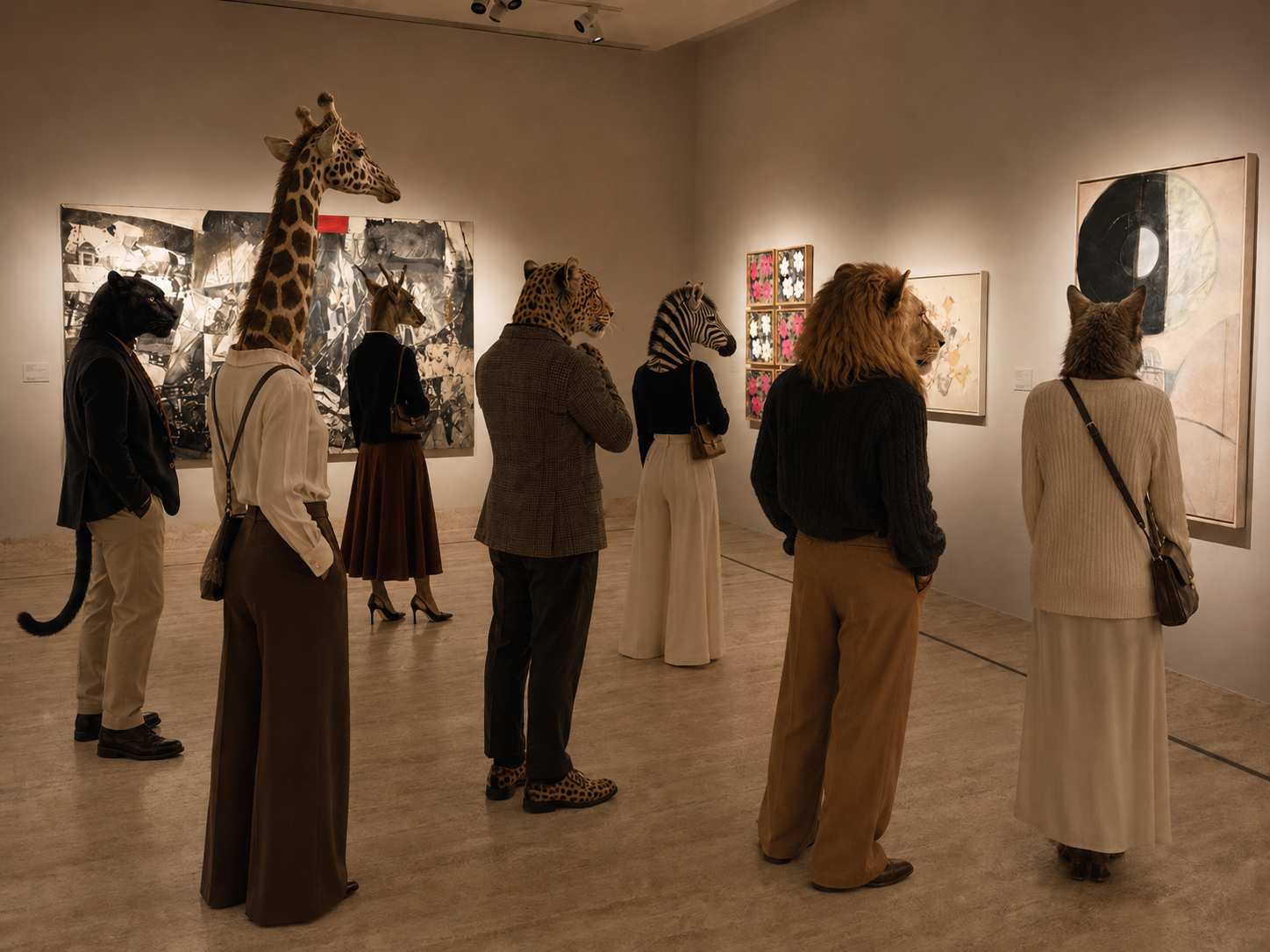Personas en una galería de arte con cabezas de animales, incluidas jirafa, leopardo, tigre, león y gato, observando varias obras de arte en las paredes.