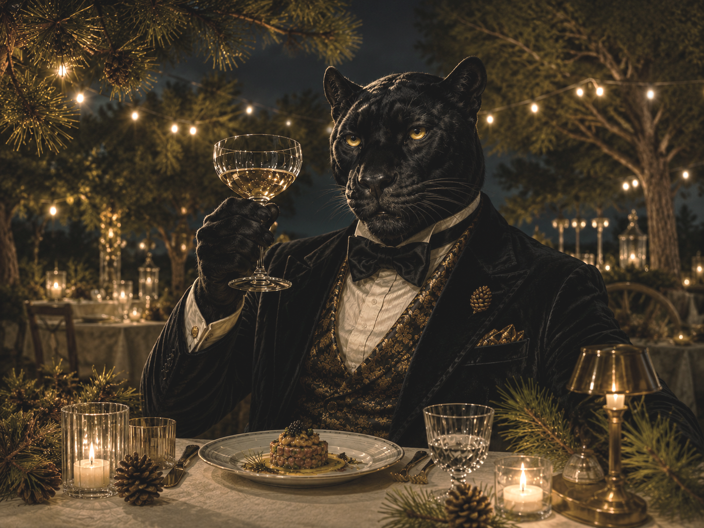 Un animal con cuerpo y rostro de pantera negra vestido con traje elegante, sosteniendo una copa de vino en un ambiente de cena al aire libre decorada con luces, velas y temas navideños.