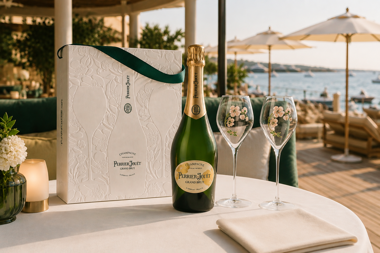 Una botella de champagne Perrier-Jouët Grand Brut en una mesa con dos copas decoradas con flores, una caja elegante y un fondo de vista al mar con sombrillas y sillas de playa.