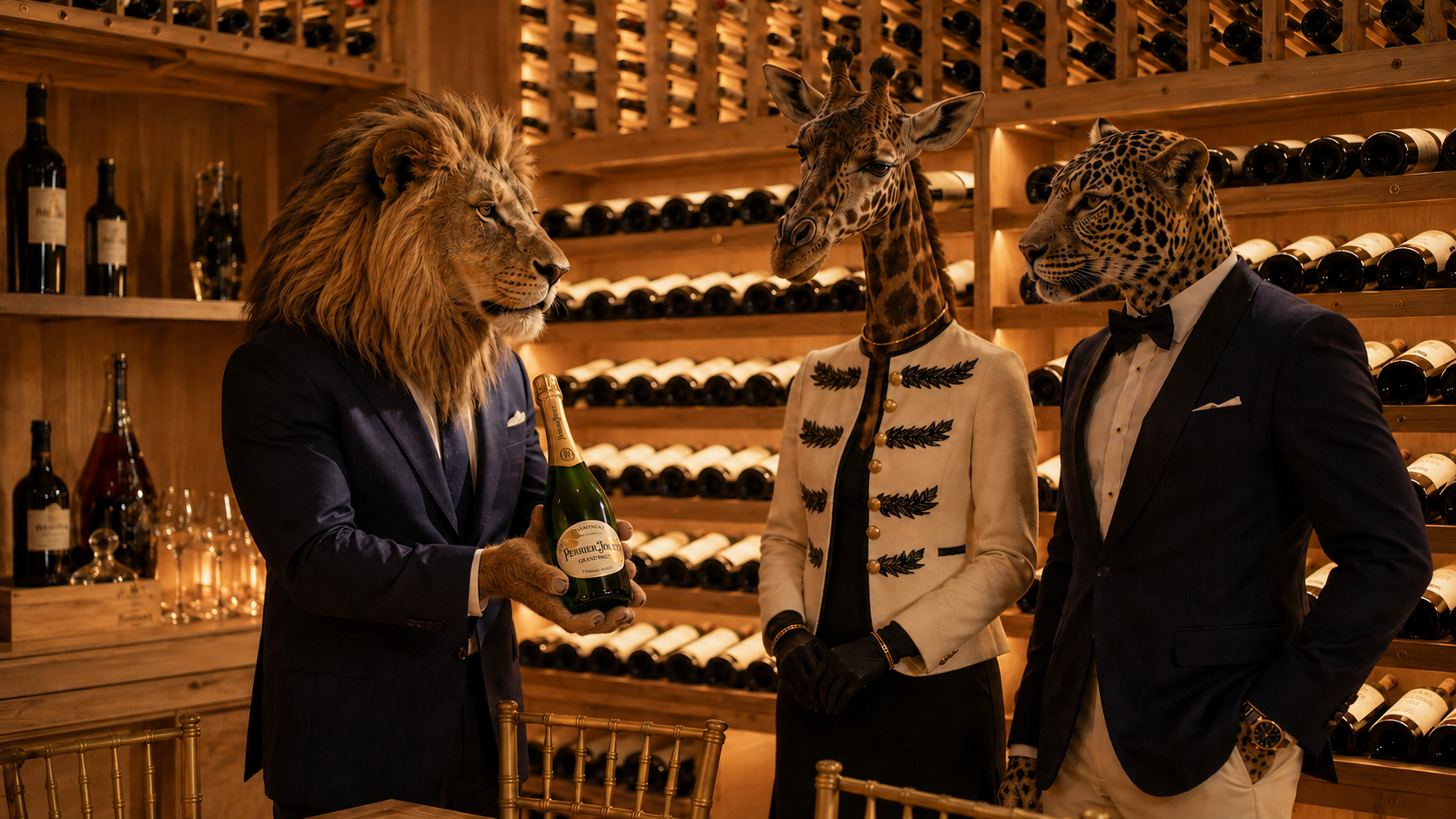 Tres animales con cuerpo humano en un bistró con paredes forradas de madera y estantes llenos de botellas de vino, uno con cuerpo de león y rostro de humano, otro con cuerpo de jirafa y rostro de humano, y otro con cuerpo de jaguar y rostro de humano, vestidos con trajes elegantes.