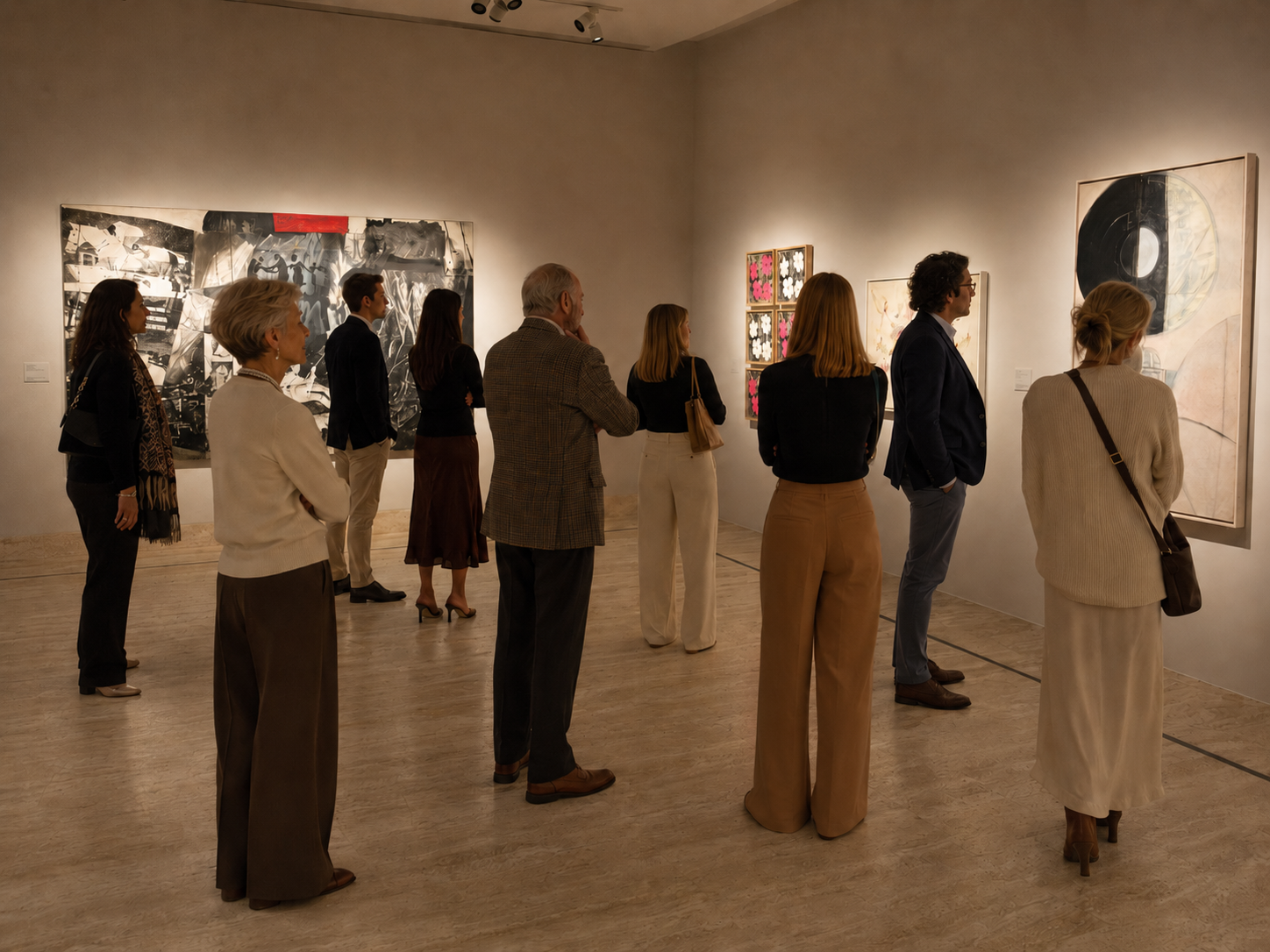 Personas observando obras de arte en una galería.