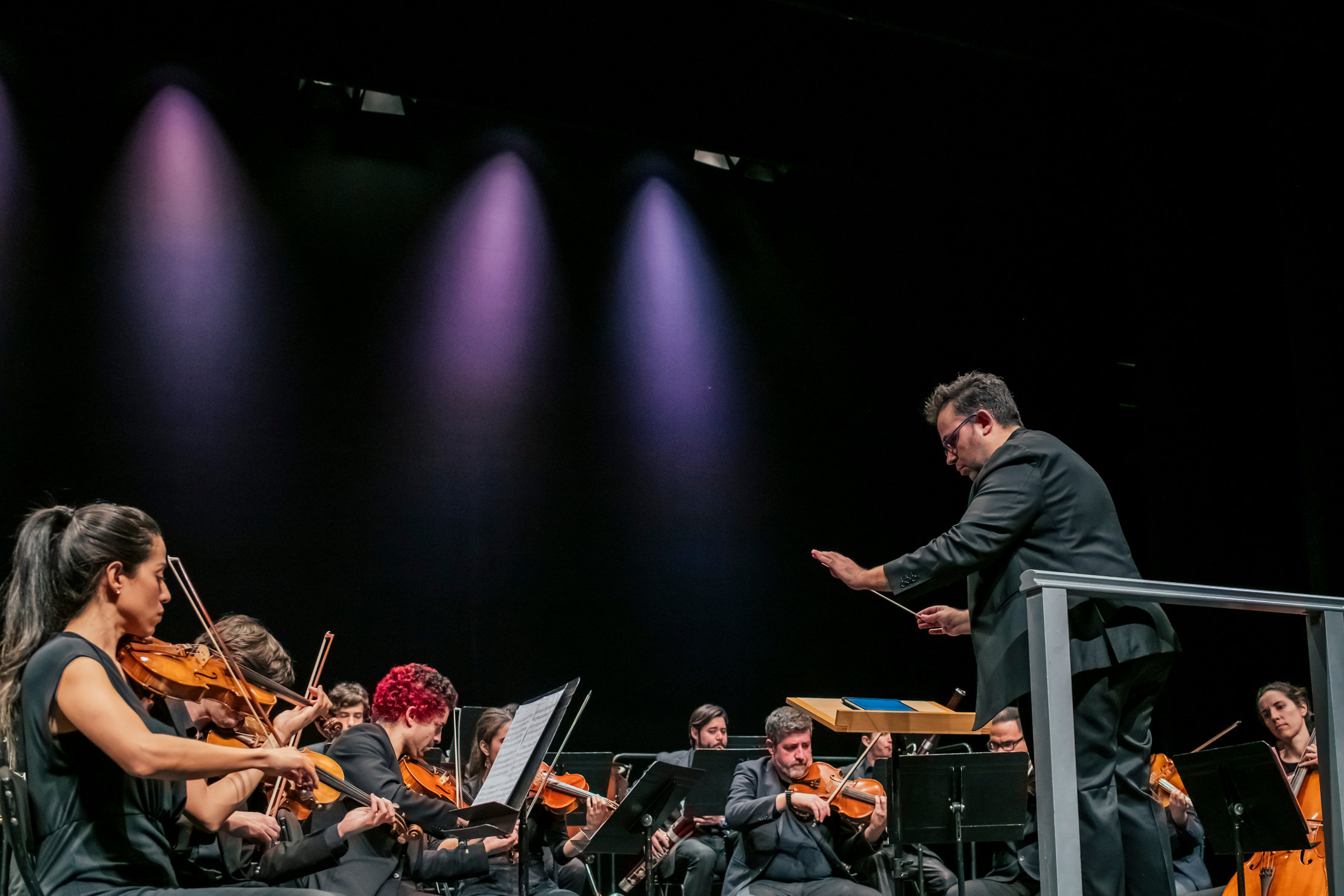Un grupo de músicos orquesta tocando instrumentos de cuerda en un concierto, dirigido por un director de orquesta.