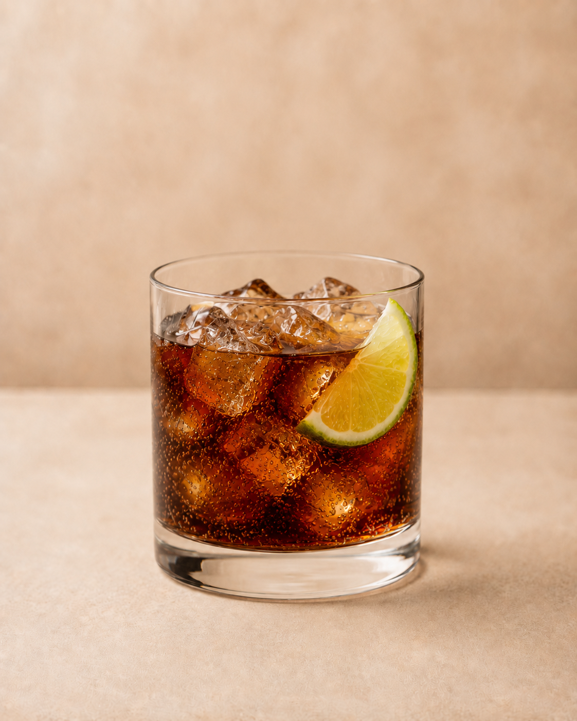 Vaso de vidrio con hielo y refresco oscuro, con una rodaja de limón en el borde