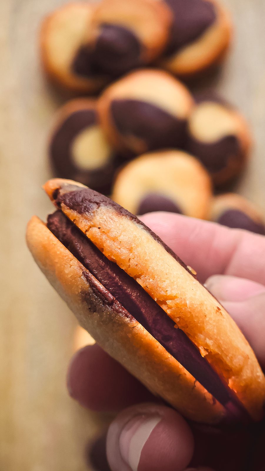 Marble sablé sandwich cookie held between fingers, revealing a dark chocolate ganache filling between vanilla and chocolate swirl biscuits.