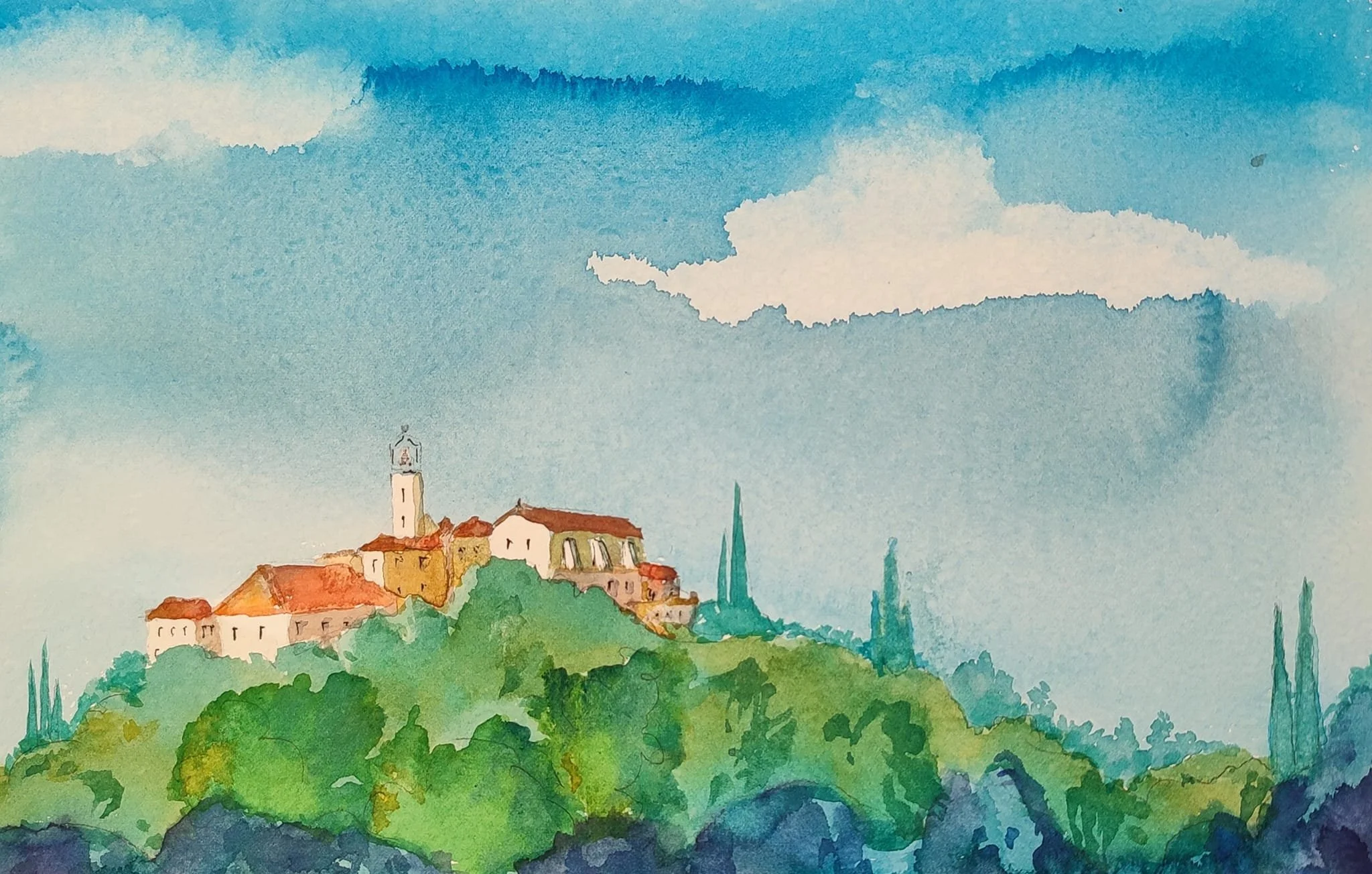 Un village sur la colline - Aquarelle sur Papier