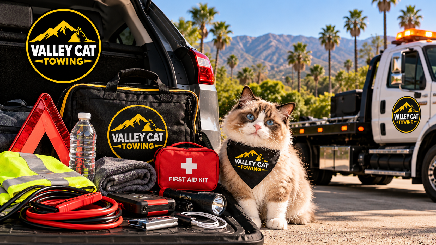 Valley Cat Towing car emergency kit with jumper cables, flashlight, first-aid kit, reflective safety gear, water, and a blanket beside the Valley Cat mascot, with a tow truck and San Fernando Valley mountains in the background.