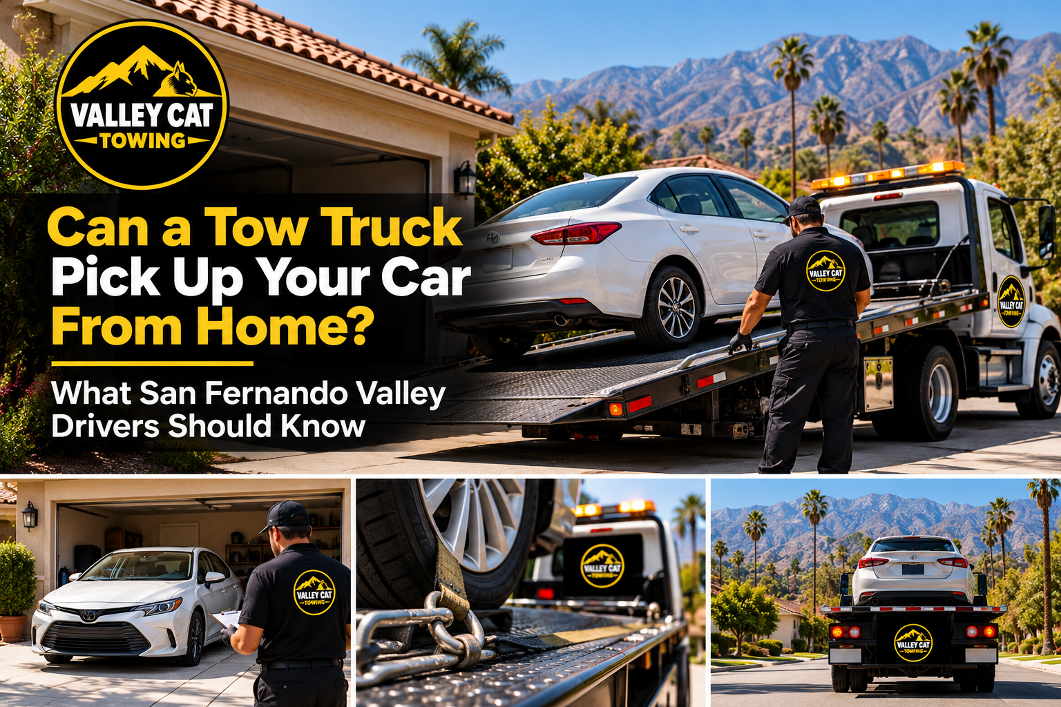 Valley Cat Towing flatbed tow truck picking up a car from a residential driveway in the San Fernando Valley.
