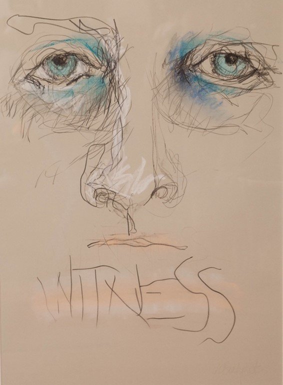 Sketch of a person's face focusing on blue eyes, with the word 'VINTAGE' written below.