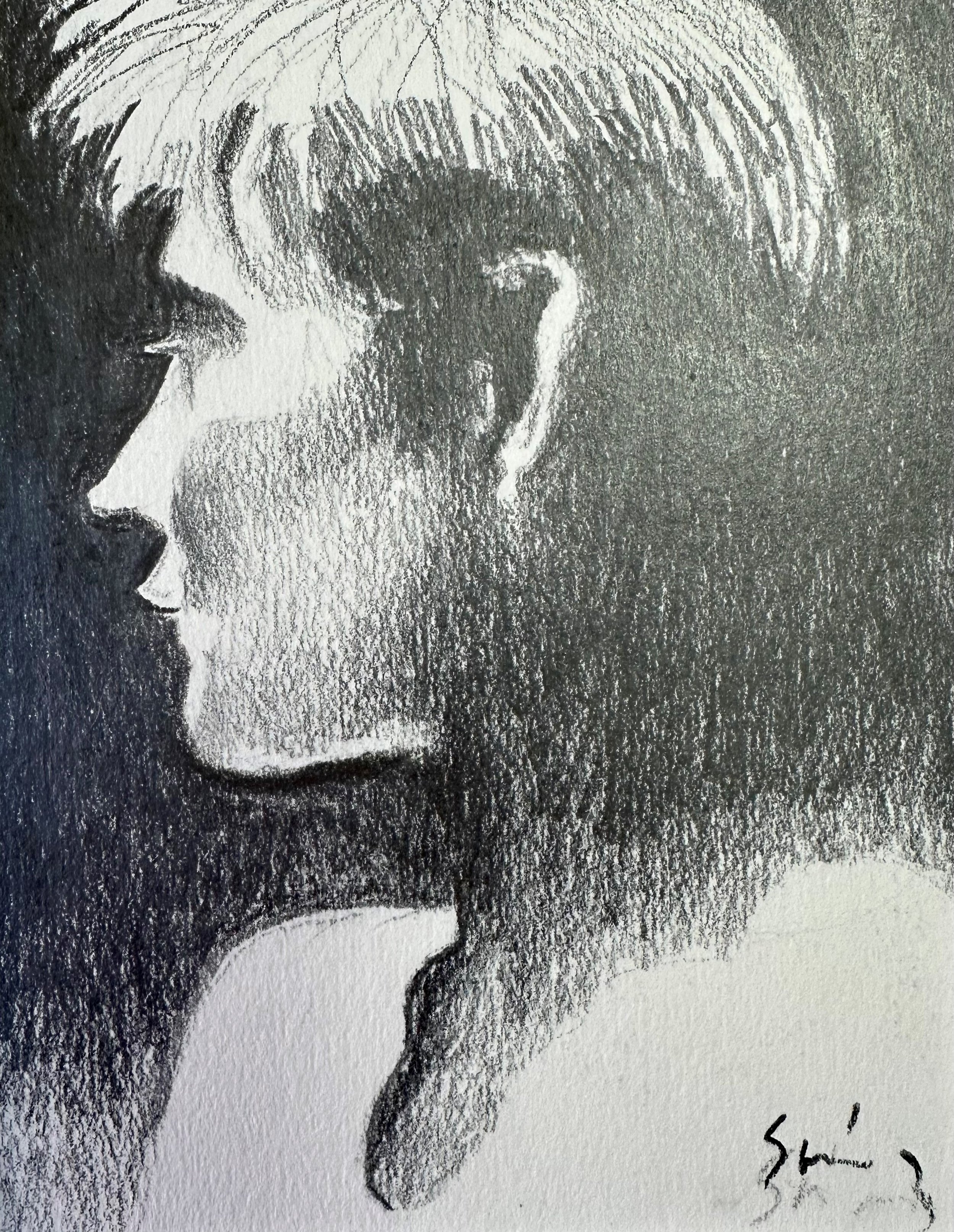 A monochrome drawing of two faces close together, one with light-colored hair and the other with dark, with their foreheads touching, signed in the bottom right corner.
