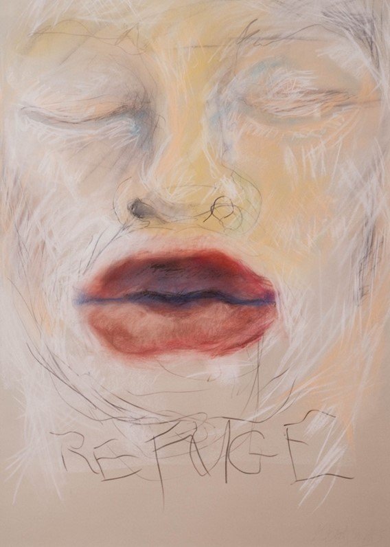 Close-up of a portrait with closed eyes, prominent lips, and the word "REFUGE" written at the bottom.