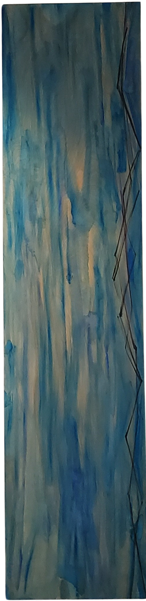 Abstract watercolor painting featuring vertical blue, beige, and white streaks with black geometric lines on the right side