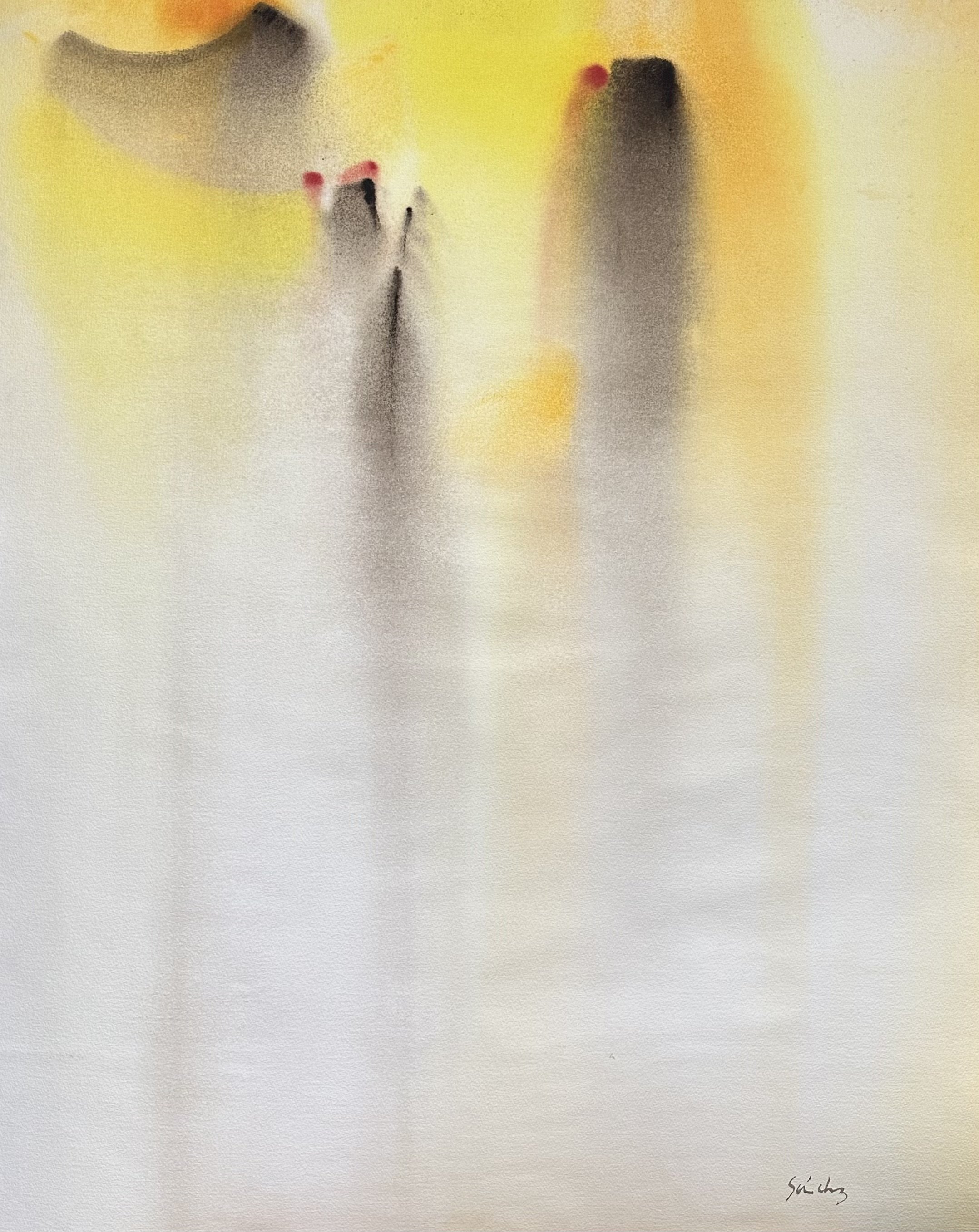 Abstract watercolor painting with yellow, white, black, and hints of red, featuring vague forms that resemble human figures with outstretched arms.