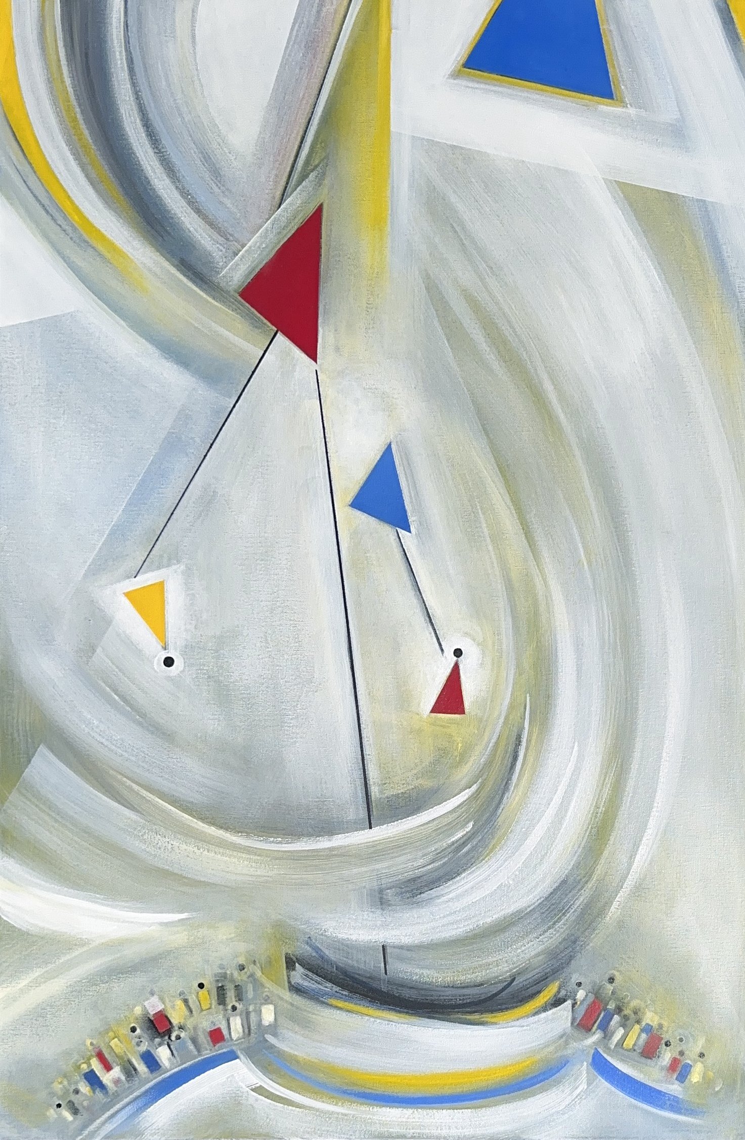 Abstract painting with swirling white, gray, yellow, and green brushstrokes, featuring geometric shapes such as red, blue, and yellow triangles connected by black lines, with small colorful rectangles at the bottom.