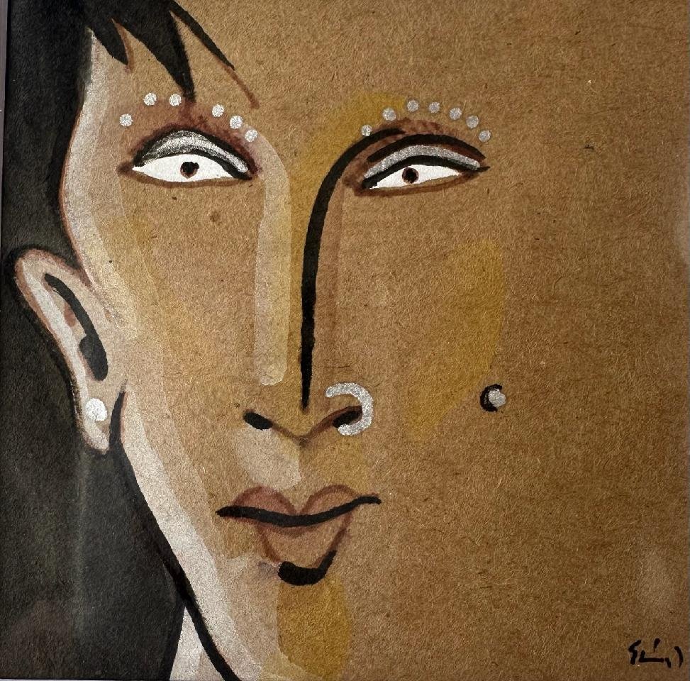 Painting of person with medium skin, short black hair, and dramatic makeup with white accents around eyes, wearing silver nose and nostril jewelry, with decorative white dots above eyebrows.