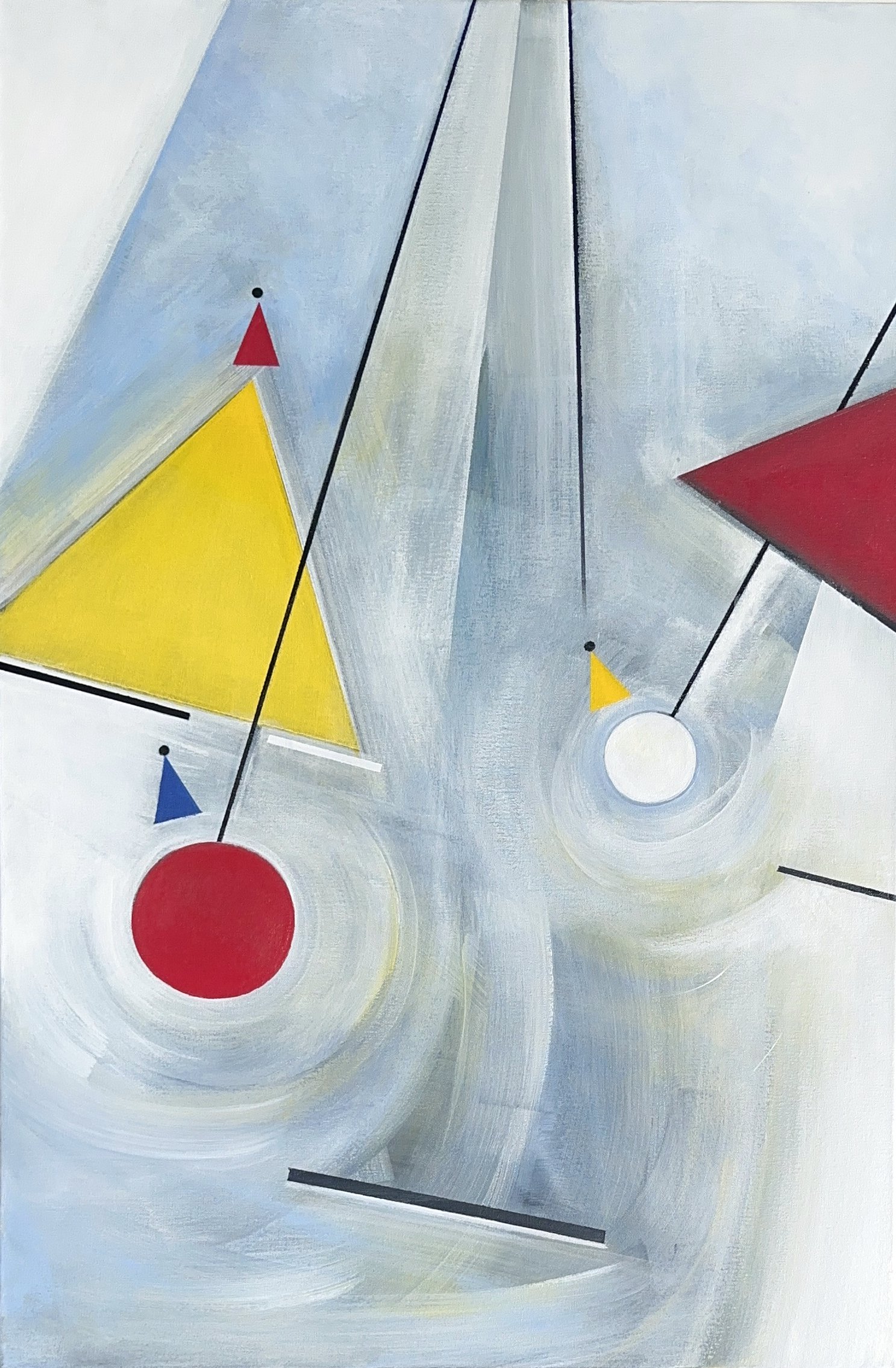 Abstract geometric painting with triangles, circles, and lines in primary colors on a light background.