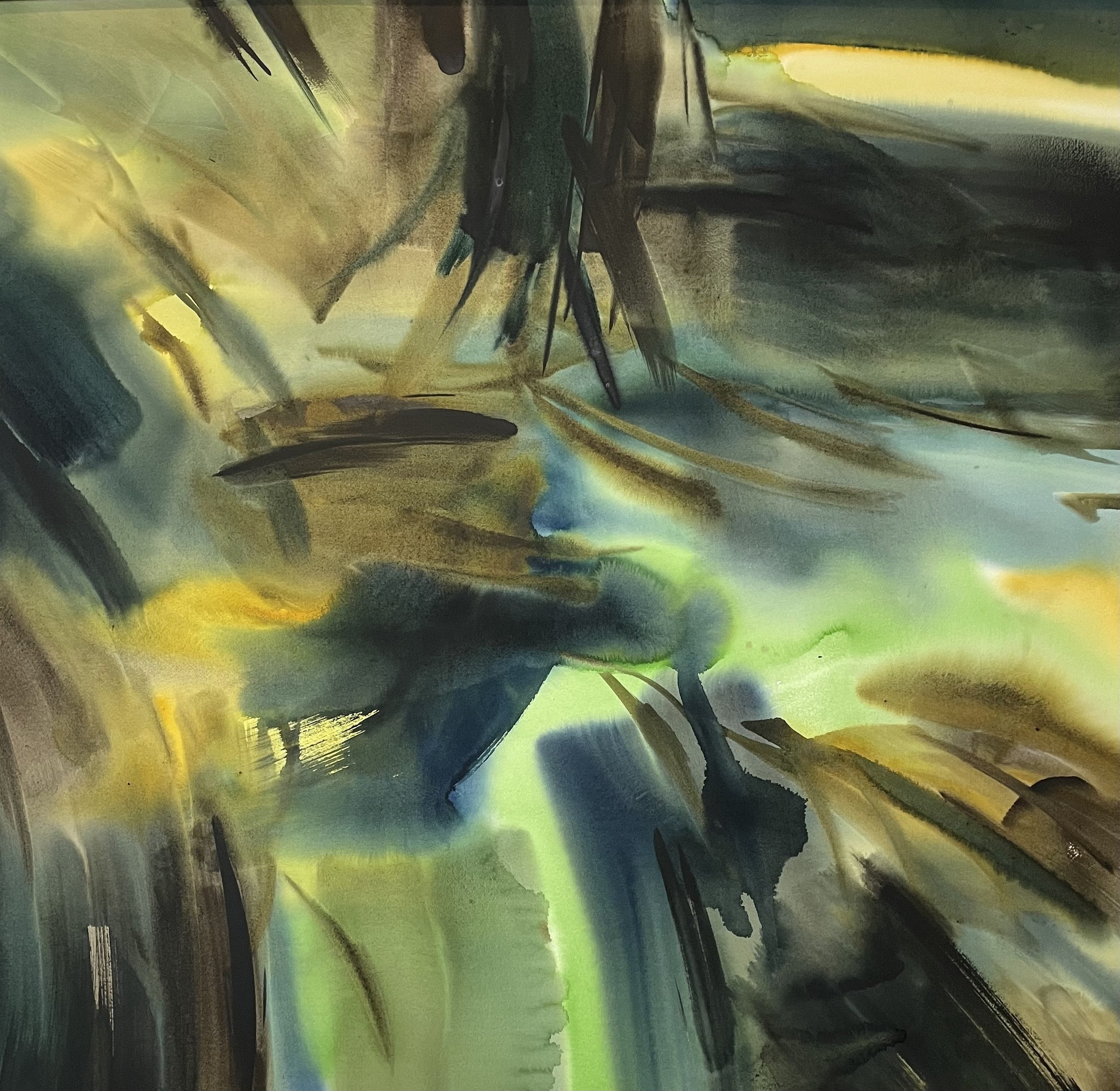 Abstract watercolor painting with dark greens, browns, black, and hints of yellow and blue.