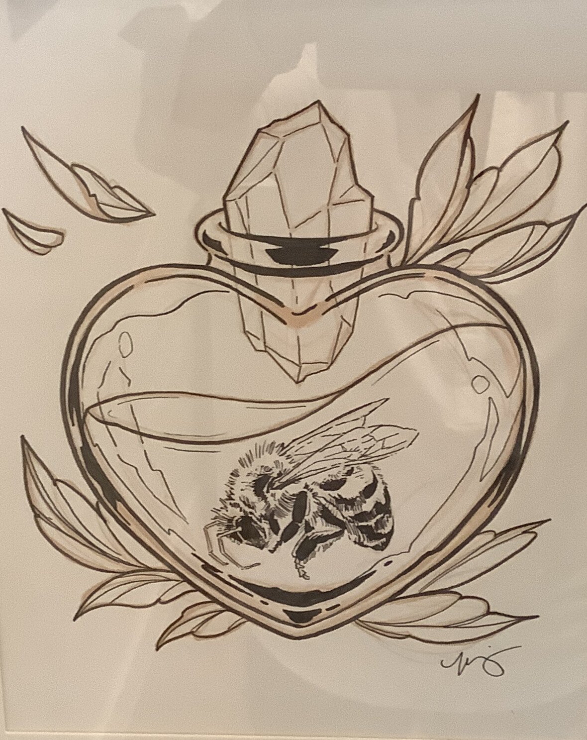 Drawing of a bee inside a heart-shaped glass bottle, with a large crystal and leaves surrounding it.