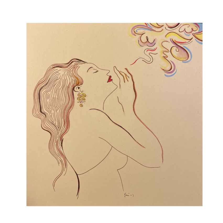 Minimalist line drawing of a woman with long wavy hair, red lipstick, and gold earrings, holding her hand near her face while blowing colorful, swirling smoke.