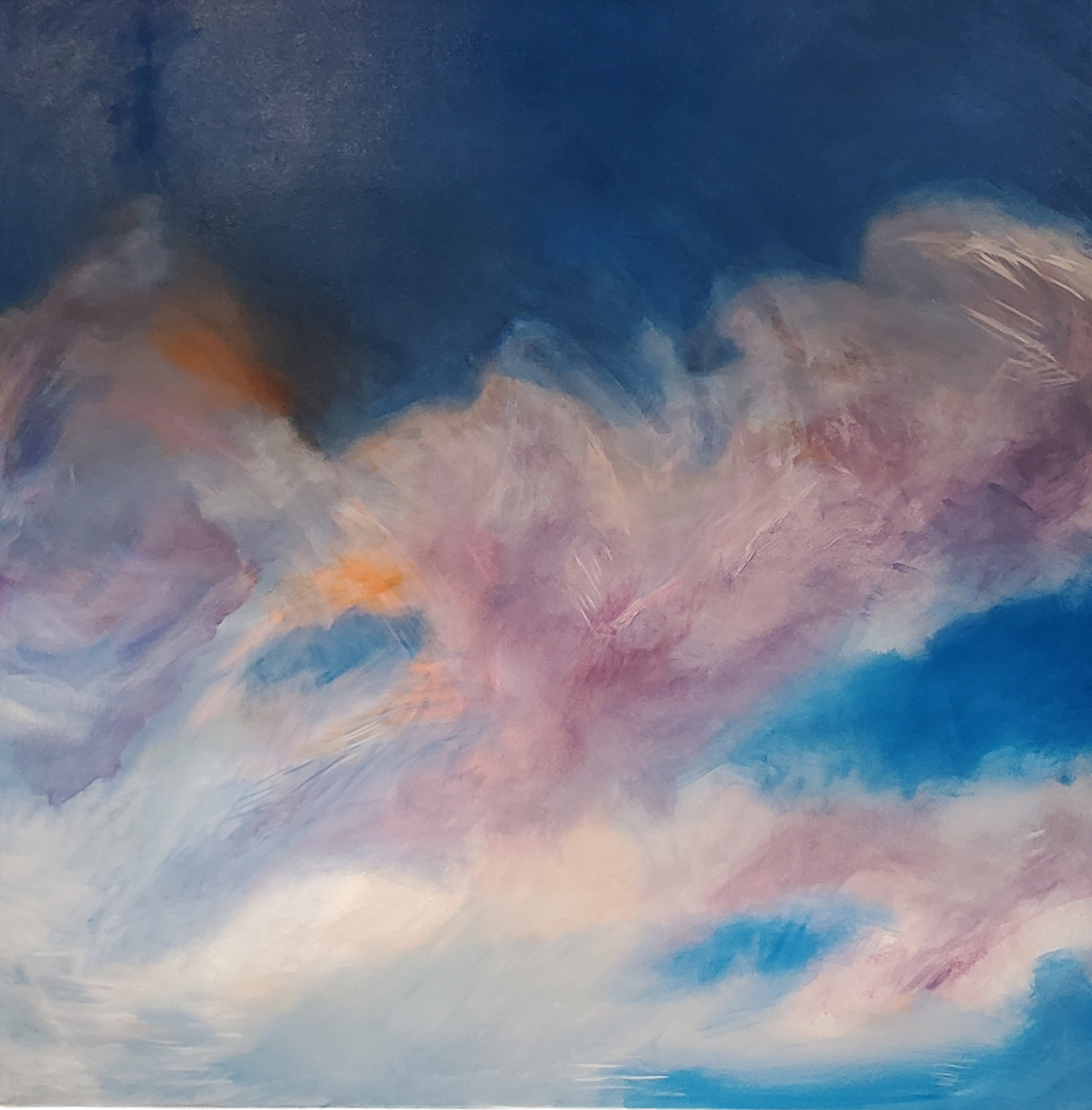 Abstract painting of the sky with large, fluffy, pink, purple, and white clouds set against a dark and light blue background.