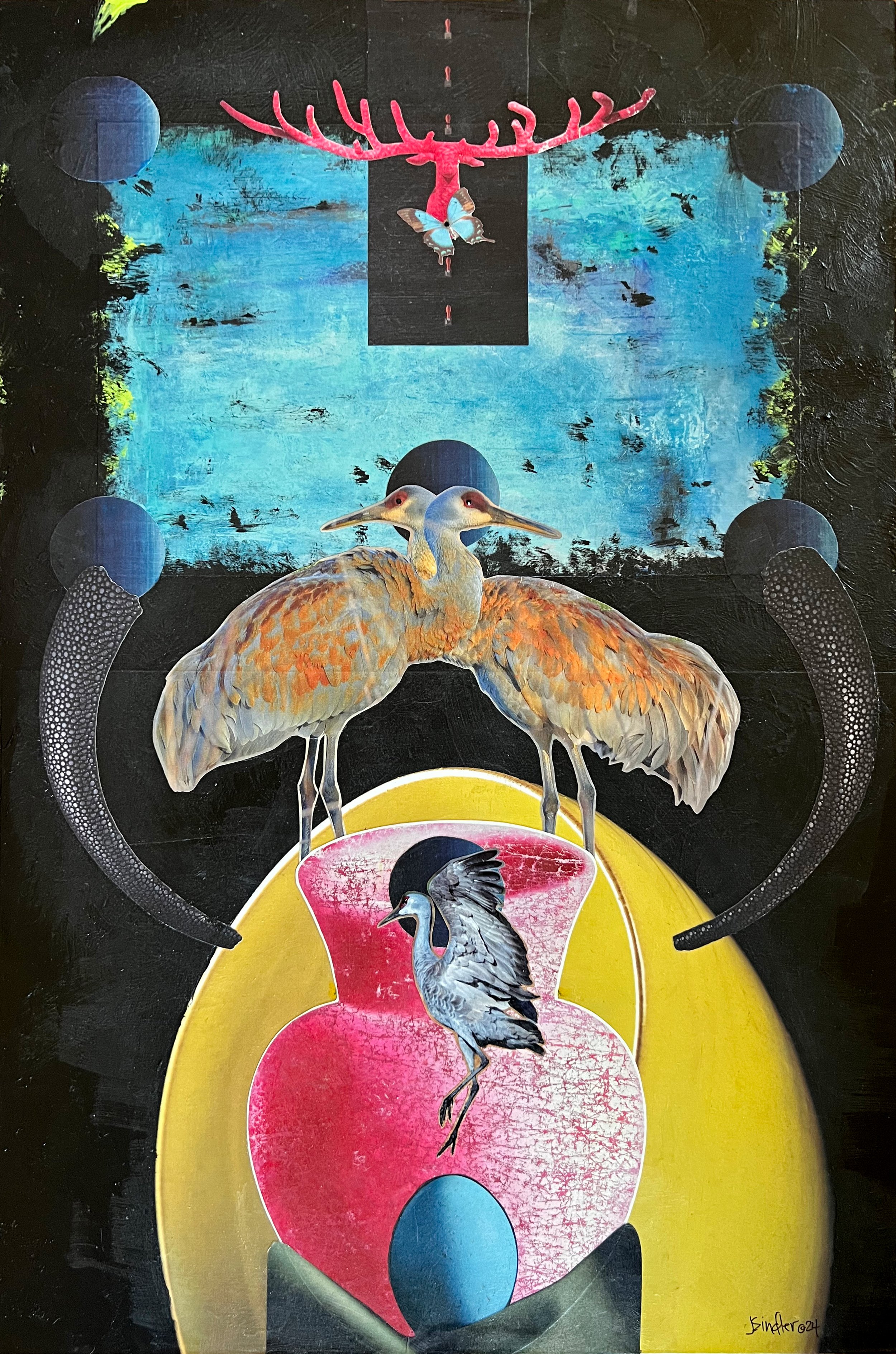 Mixed media artwork featuring a painted background with various animals arranged in surreal composition: two herons standing on a large, cracked pink vase with a blue orb at the bottom, black snakes framing the scene, a red deer head with antlers and
