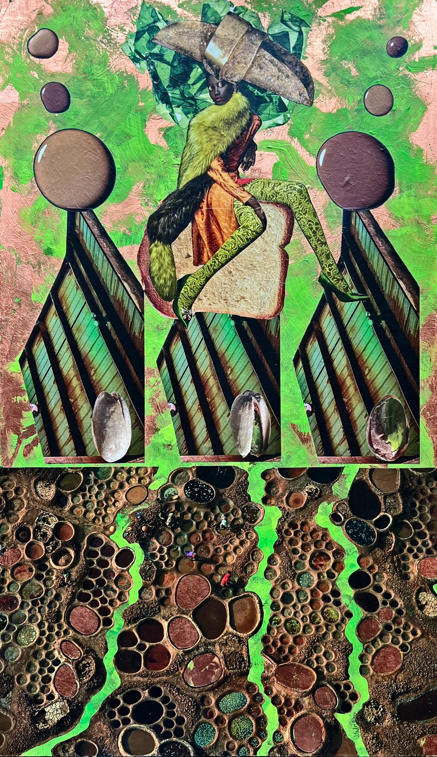 A collage featuring surreal and abstract elements, including a central figure with a large insect or beetle head, wearing a yellow fur collar, sitting on a piece of bread, with a green textured background, and sculptural structures with circular open