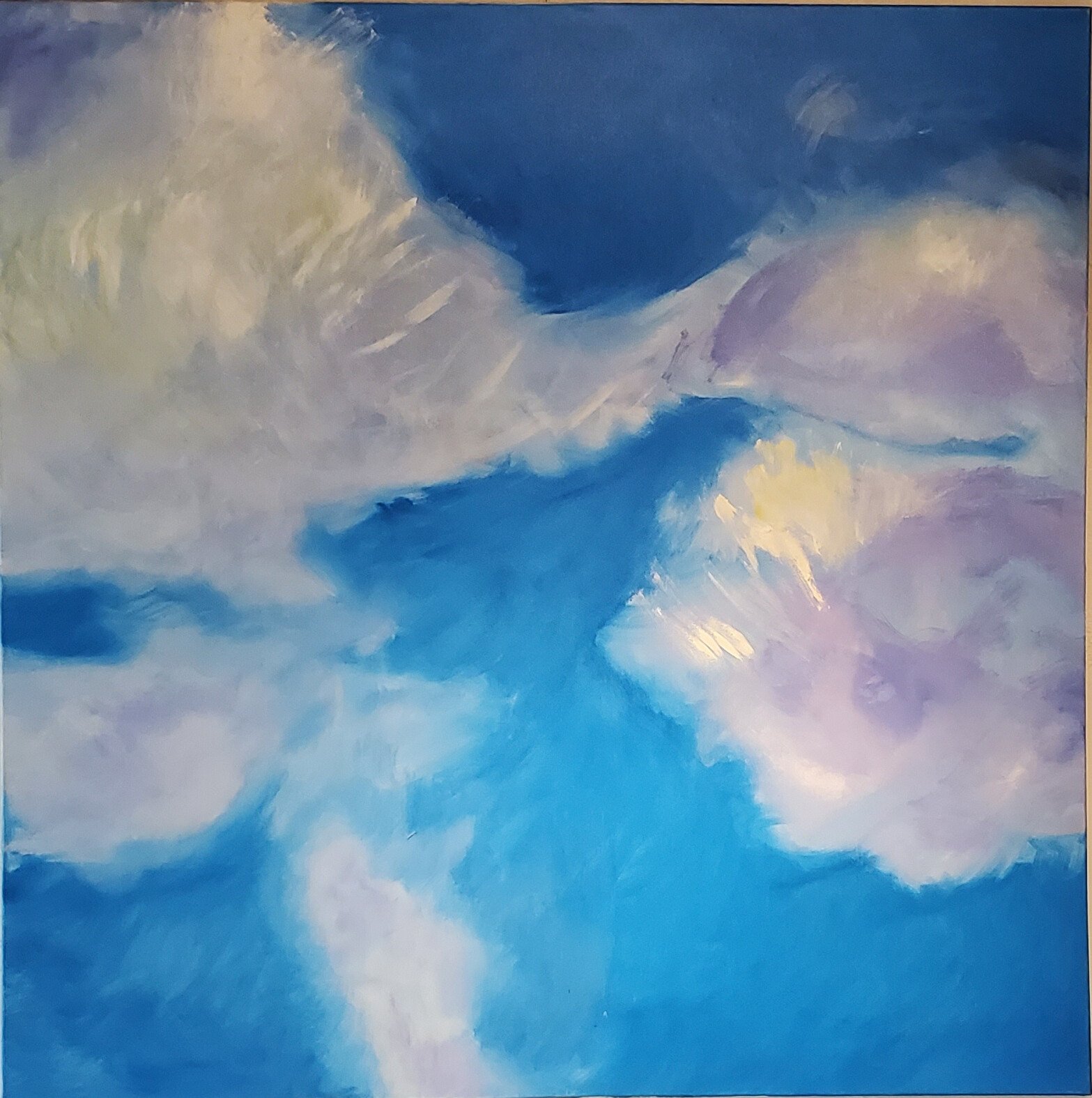 Abstract painting of fluffy clouds in a blue sky with hints of purple and yellow.