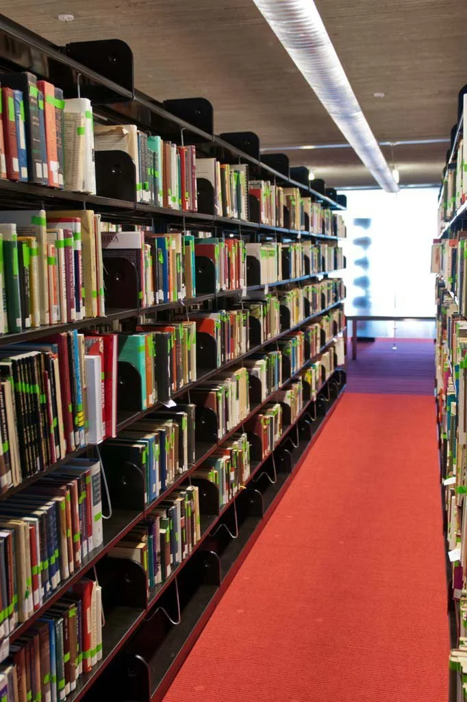 Library aisle with tall bookshelves and a red carpet leading toward a bright window.