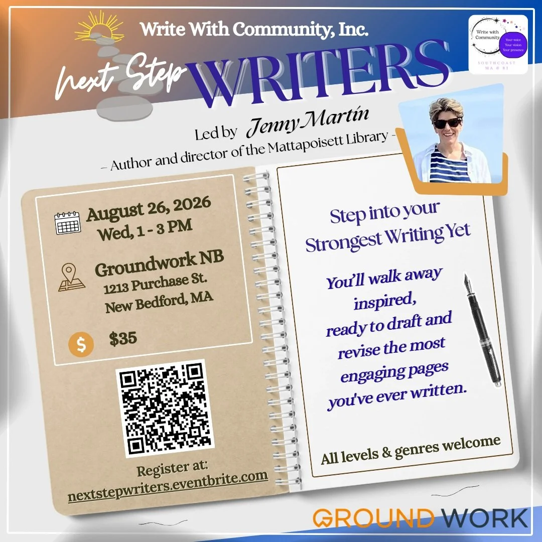 Looking to take your writing to the next level?

Join us for Next Step Writers, a dynamic two-hour workshop led by Jenny Martin, author of two Penguin Random House novels and director of the Mattapoisett Library.

Whether you're an experienced writer
