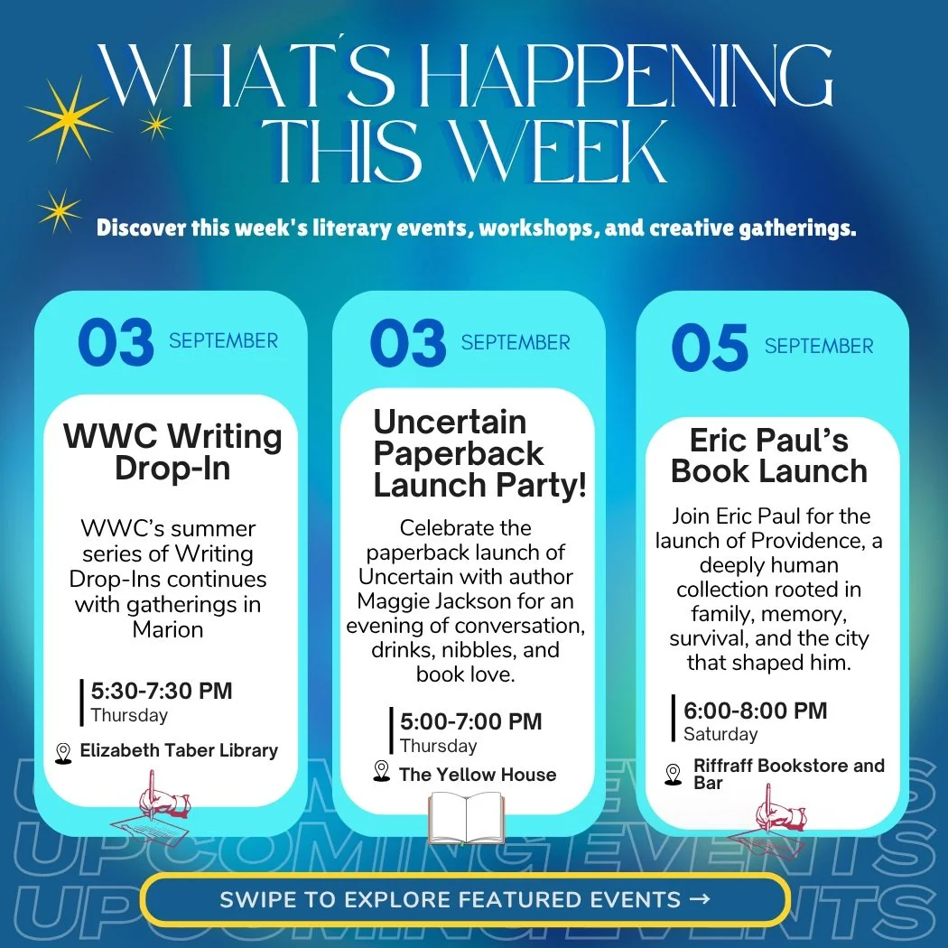 ✨ This Week with Write With Community:

✍ WWC Writing Drop-In: Elizabeth Taber Library
📌 Elizabeth Taber Library
📆 Sept 03 | 5:30-7:30PM

Join Write With Community for a welcoming Writing Drop-In! Write from prompts or work on your own projects whi
