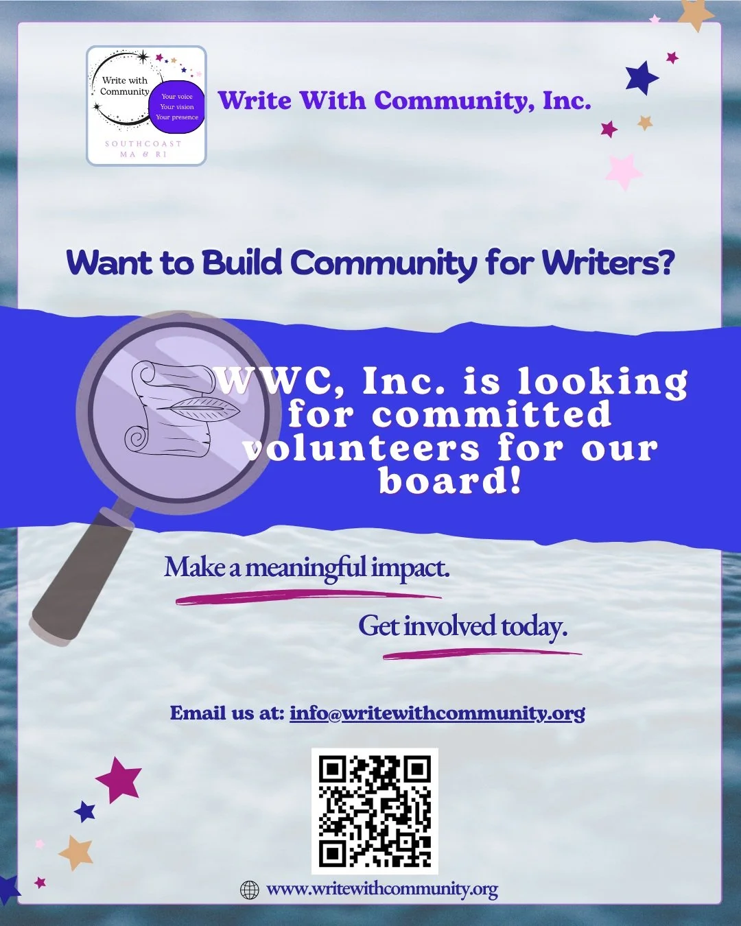 📣 𝐂𝐚𝐥𝐥𝐢𝐧𝐠 𝐰𝐫𝐢𝐭𝐞𝐫𝐬, 𝐜𝐫𝐞𝐚𝐭𝐢𝐯𝐞𝐬, 𝐜𝐨𝐦𝐦𝐮𝐧𝐢𝐭𝐲-𝐛𝐮𝐢𝐥𝐝𝐞𝐫𝐬, 𝐚𝐧𝐝 𝐜𝐡𝐚𝐧𝐠𝐞𝐦𝐚𝐤𝐞𝐫𝐬! 💜

Write With Community, Inc. is looking for committed volunteers to join our board.

Want to help create more opportunities 