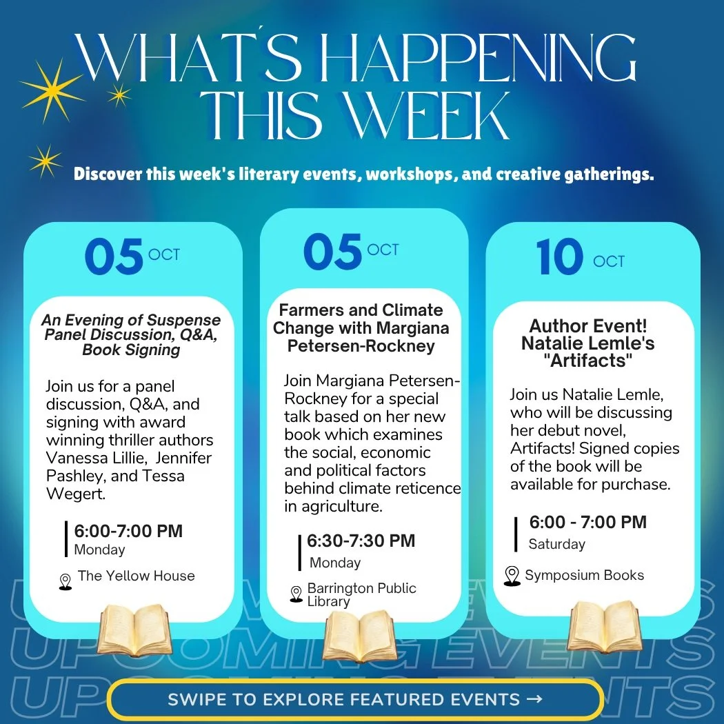 ✨ Three events we&rsquo;re excited to share with you this coming week:

📗 An Evening of Suspense Panel Discussion, Q&amp;A, Book Signing
📌 The Yellow House
📆 Oct. 05 | 6:00-7:00pm

Join us for a panel discussion, Q&amp;A, and signing with award wi